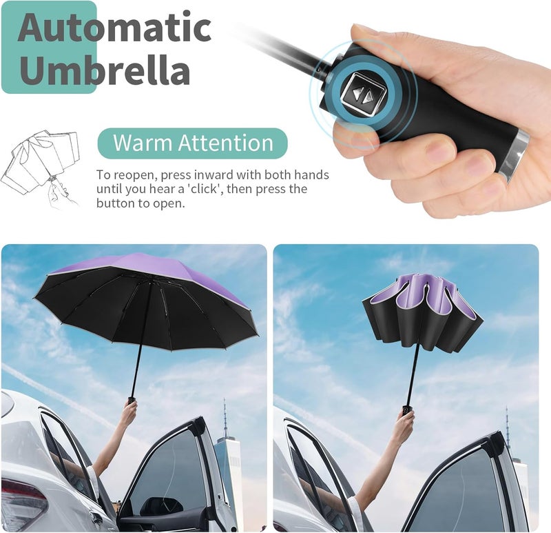 Yoobure Inverted Windproof Travel Umbrella - Automatic Umbrellas for Rain, Compact Folding with Reflective Stripe, Portable Large for Backpack, Lightweight with Sun UV Protection - Image 5